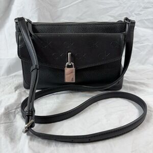 Calvin Klein Black Pebbled Leather Crossbody Bag With Lock Charm Shoulder Purse